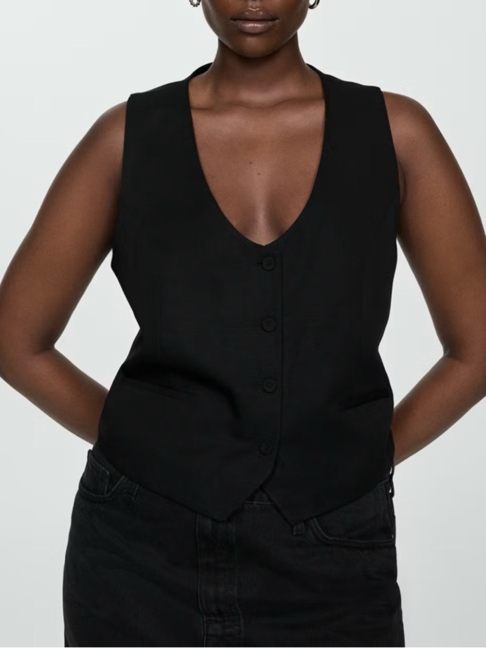Linen Black Button-Front Vest